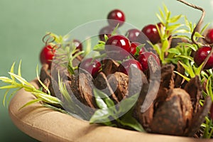 christmas ornaments om a red and green background