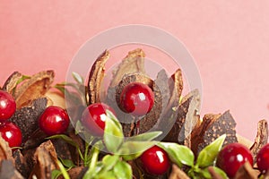 christmas ornaments om a red and green background