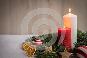 Christmas ornaments with snow, pine tree and candle