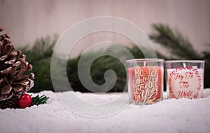 Christmas ornaments with snow, pine tree and candle