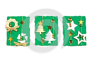 Christmas ornaments paper cards kraft handmade style background.