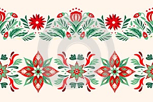 Christmas Ornaments Seamless Border Set. Folk Art Frame tile art deco vector background
