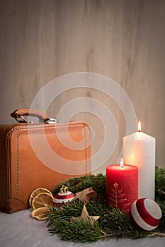 Christmas ornaments with snow, pine tree and candles