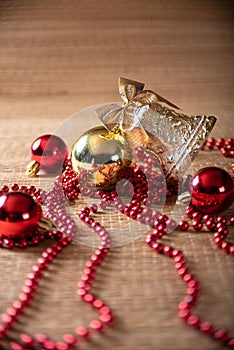 Christmas ornaments on a straw mat in a beautiful arrangement selective focus