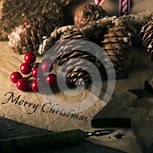 Christmas ornaments and text merry christmas