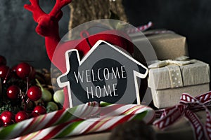 Christmas ornaments and text welcome home