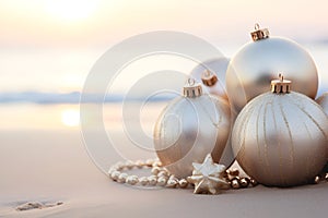 Christmas ornaments on tropical beach. Exotic greeting card, Christmas travel concept. Happy new Year, Merry Christmas celebration