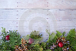 Christmas ornaments on a wood background