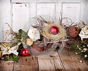 Christmas ornaments on wooden background