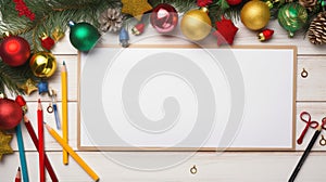 Christmas Ornaments On Wooden Table With Blank Paper Board