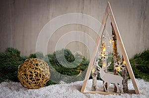 Christmas ornaments with snow, pine tree and xmas lights