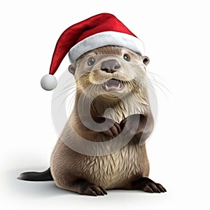 Christmas Otter: 3d Illustration With Santa Hat And Red Nose photo