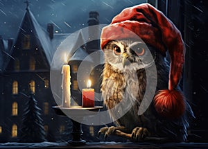 christmas owl in santa hat sitting with candle on window at cozy home