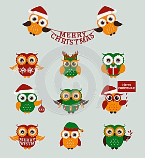 Christmas owls. Vector set.