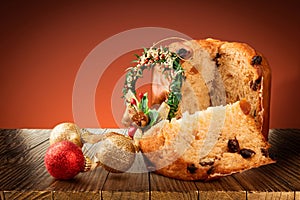 Christmas panettone cut with ornaments