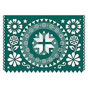 Christmas Papel Picado vector template design with snowflake, stars and flowers in green Mexican party garland