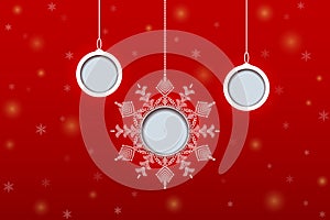 Christmas paper balls and snowflake on red background. Vector il