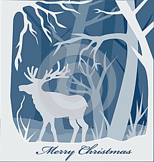 Christmas paper card with deer in forest