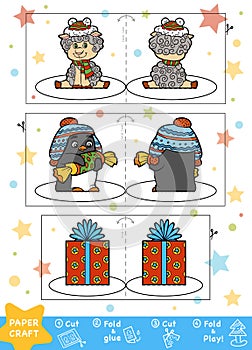 Christmas Paper Crafts for children. Sheep, Penguin and gift