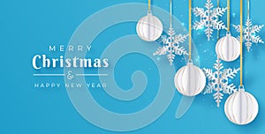 Christmas paper cut 3d snowflakes and balls with shadow on blue background. Minimal design. New year and Christmas card, poster or