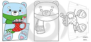 Christmas paper pocket with bear for advent calendar. Coloring page