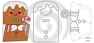 Christmas paper pocket with gingerbread for advent calendar. Coloring page