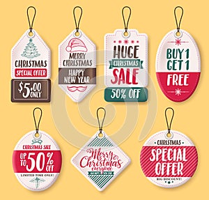 Christmas paper sale tags vector set with discount text like special offer
