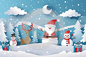 christmas papercut style,santa claus,snow,tree