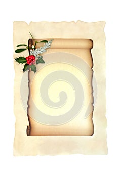 Christmas Parchment Paper Scroll Holly and Winter Greenery Background