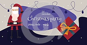 Christmas party ad banner, santa claus wearing medical mask from coronavirus during epidemic, illustration in flat style