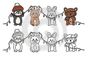 Christmas party animals with glowing garland. Cartoon baby animals. Penguin with Santa hat, reindeer, bunny and bear