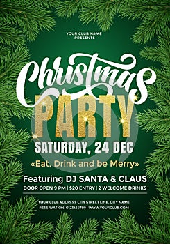 Christmas Party banner template with text and fir tree branches border. 24 December music club Xmas party celebration invitation