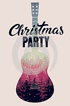 Christmas Party calligraphic retro poster design with winter forest landscape inside silhouette acoustic guitar. Vector illustrati