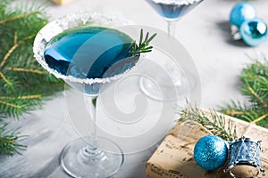 Christmas party composition drink gift box in blue colors