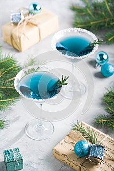 Christmas party composition with drinks in blue colors