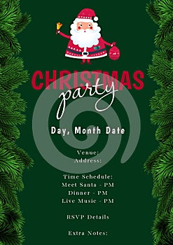 Christmas party with day, month, date, time, venue, address, rsvp details over santa claus, pinetree