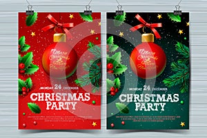 Christmas party design templates, posters with ball and Christmas decoration, vector illustration. photo