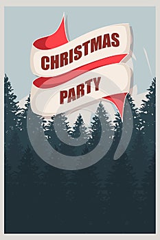 Christmas Party flyer template. An elegant Christmas invitation in the background of a forest with mountains. Christmas holidays f