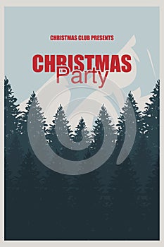Christmas Party flyer template. An elegant Christmas invitation in the background of a forest with mountains. Christmas holidays f