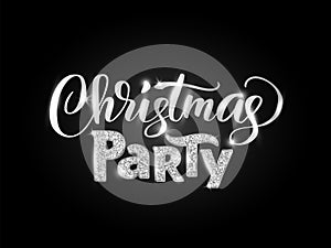 Christmas party hand written lettering on black background. Sparkling glitter silver typography.