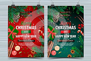 Christmas party and Happy New Year design templates, Holiday posters with Christmas decoration, vector illustration