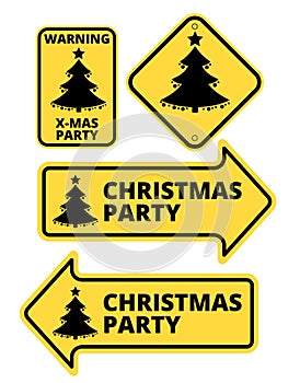 Christmas Party Humourous Yellow Road Arrow Signs Set. Vector illustrations