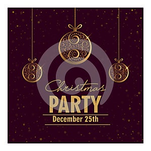 Christmas party invitation card. Can be used as a banner, poster, postcard, flyer. Vector illustration with gold xmas balls