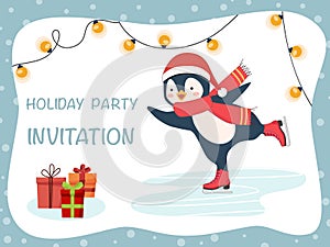 Christmas party invitation card with an illustrated penguin on skates