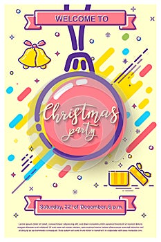 Christmas party invitation design template. Vector Welcome to Christmas Party text with mbe design Christmas elements.