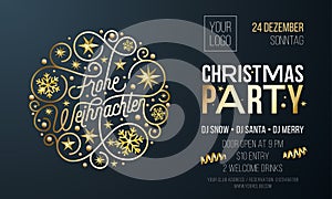 Christmas party invitation for German Frohe Weihnachten holiday celebration design template. Vector New Year or Xmas corporate par