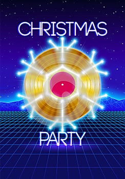 Christmas party invitation poster or flyer with 80s neon style and vinyl lp for dj
