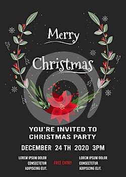 Christmas party invitation poster, flyer template design with christmas flowers and winter elements. Vector illustration Eps 10