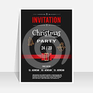Christmas party invitation poster, flyer template design with stylized christmas bow and gold icon winter element. Vector