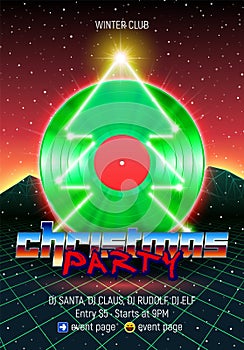 Christmas party invitation poster or flyer with 80s neon style and vinyl lp for dj